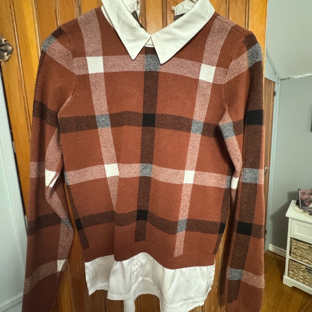 Brown Plaid Sweater with White Collar